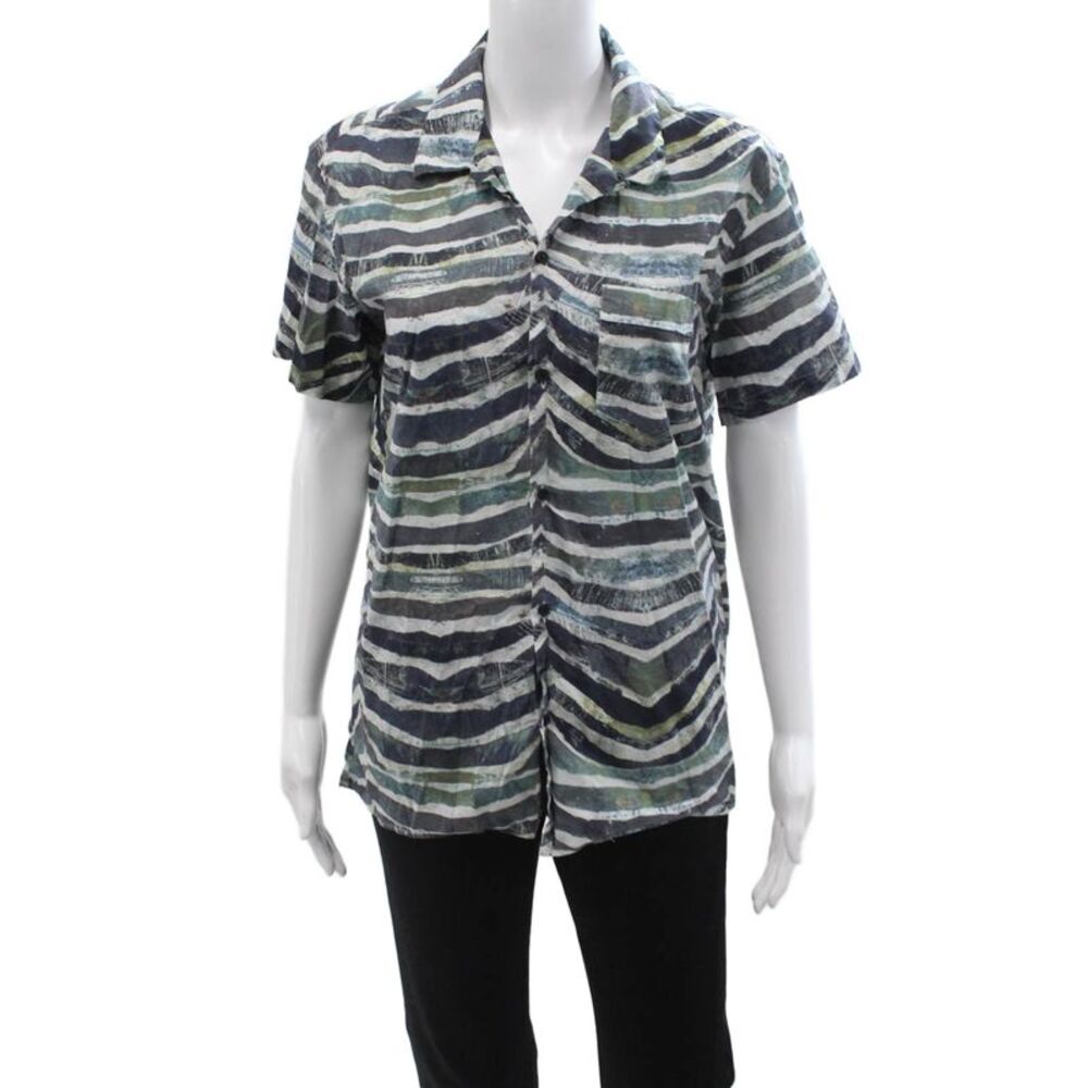 IRO Mens Striped Collared Short Sleeve Button-Up Shirt Black 100% Cotton Size M